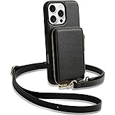 ZVE for iPhone 16 Pro Wallet Case with Card Holder, Zipper Crossbody Case with Wrist Strap for Women for iPhone 16 Pro 6.3" Black