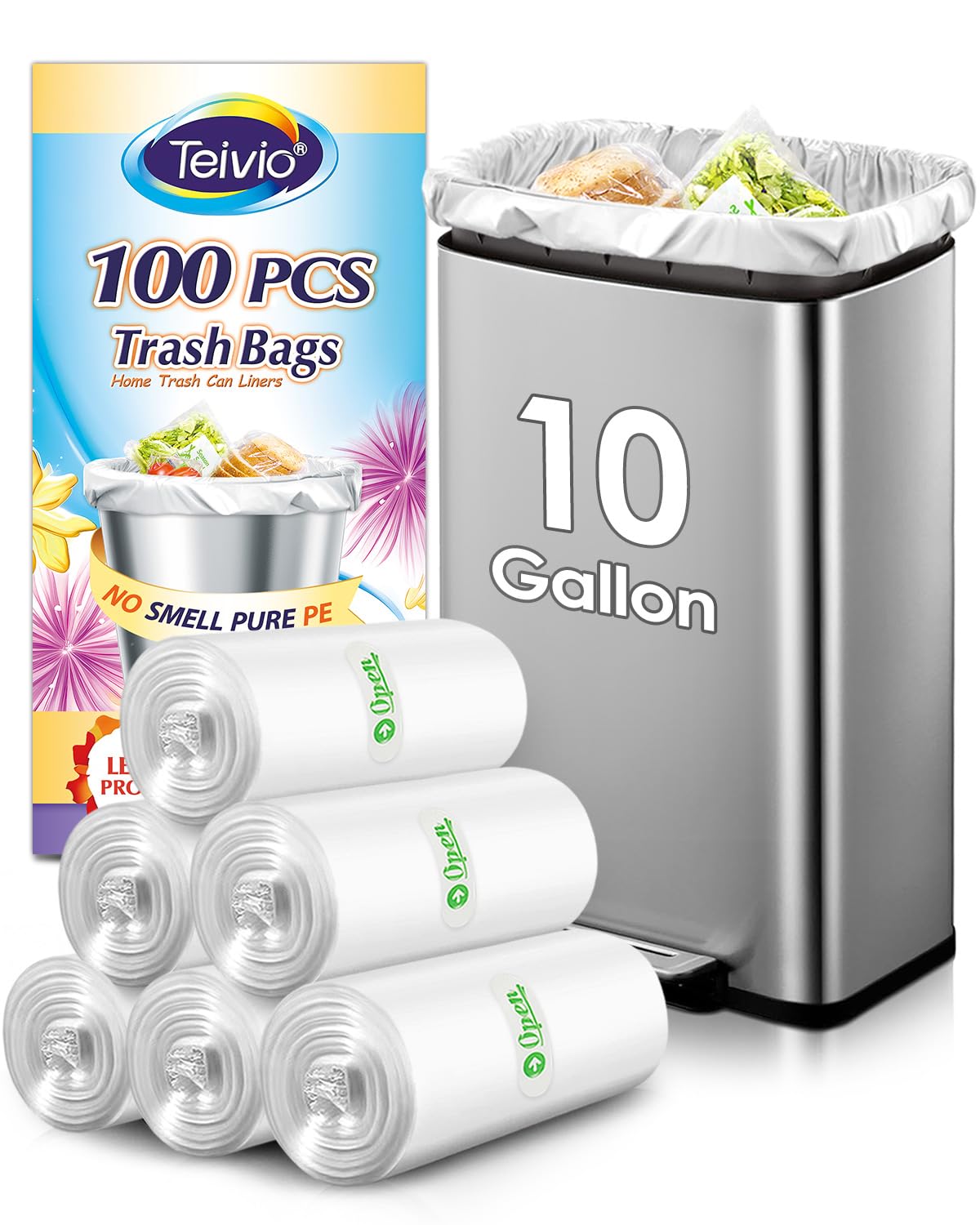 Photo 1 of 10 Gallon 100 Counts Trash Bags Garbage Bags by Teivio, Bathroom Trash Can Bin Liners, Plastic Bags for home office kitchen, Clear