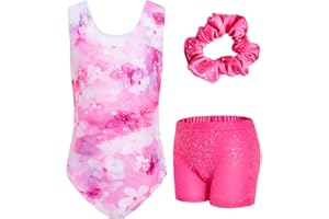 JiAmy Gymnastics Leotard for Girls, Sparkly Sleeveless Gymnastics Outfit with Shorts Set for Kids 3-12 Years