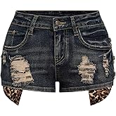Verdusa Women's Y2K Leopard Distressed Ripped Mini Jean Shorts Rave Club Low Rise Rhinestone Denim Shorts