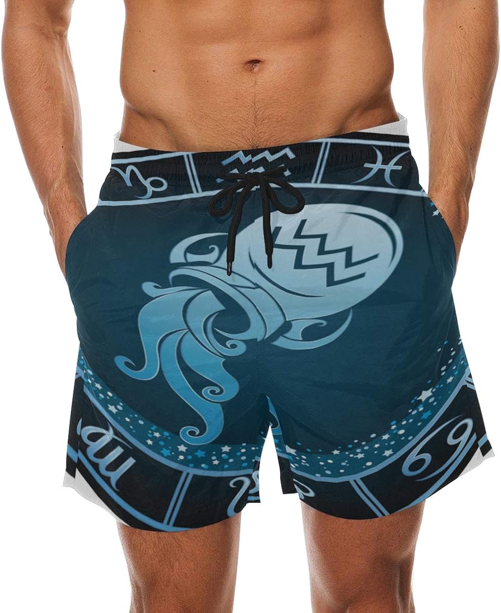 Funny Mens Swim Trunks Aquarius Zodiac Beautiful Horoscope Elastic Waist Beach Board Shorts with