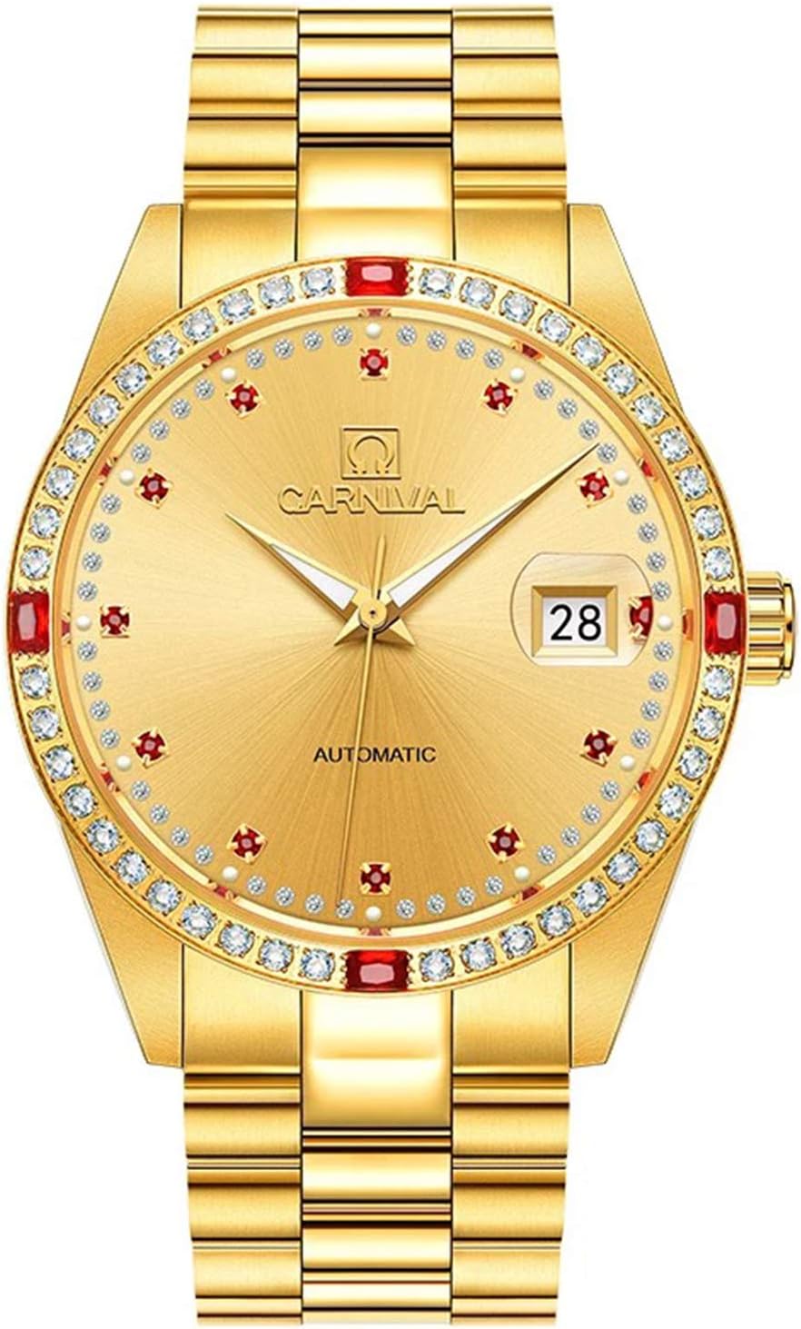 TEINTOPLuxury Men's Automatic Watch Sapphire Stainless Steel Case Band Waterproof Red Diamond Date Watches