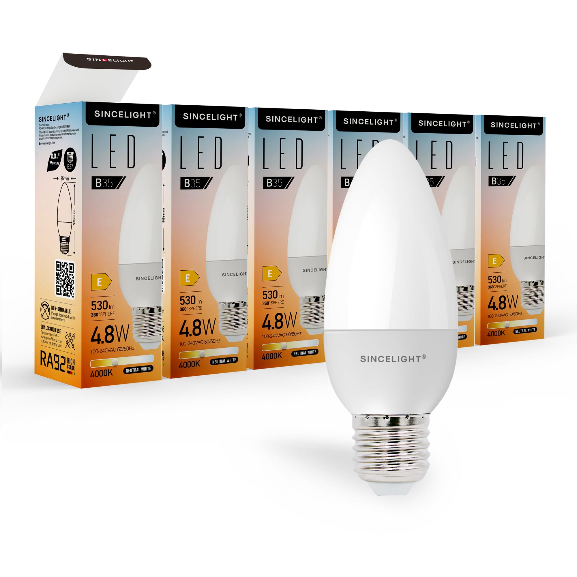 SINCELIGHT E27 LED Candle Light Bulb, B35 Shape with Milky Diffuser, 5 Watt, Neutral White 4000K, Rich&Ture Color RA≈92, 500 Lumens, 50W Equivalent, ES Edison Screw, Pack of 6