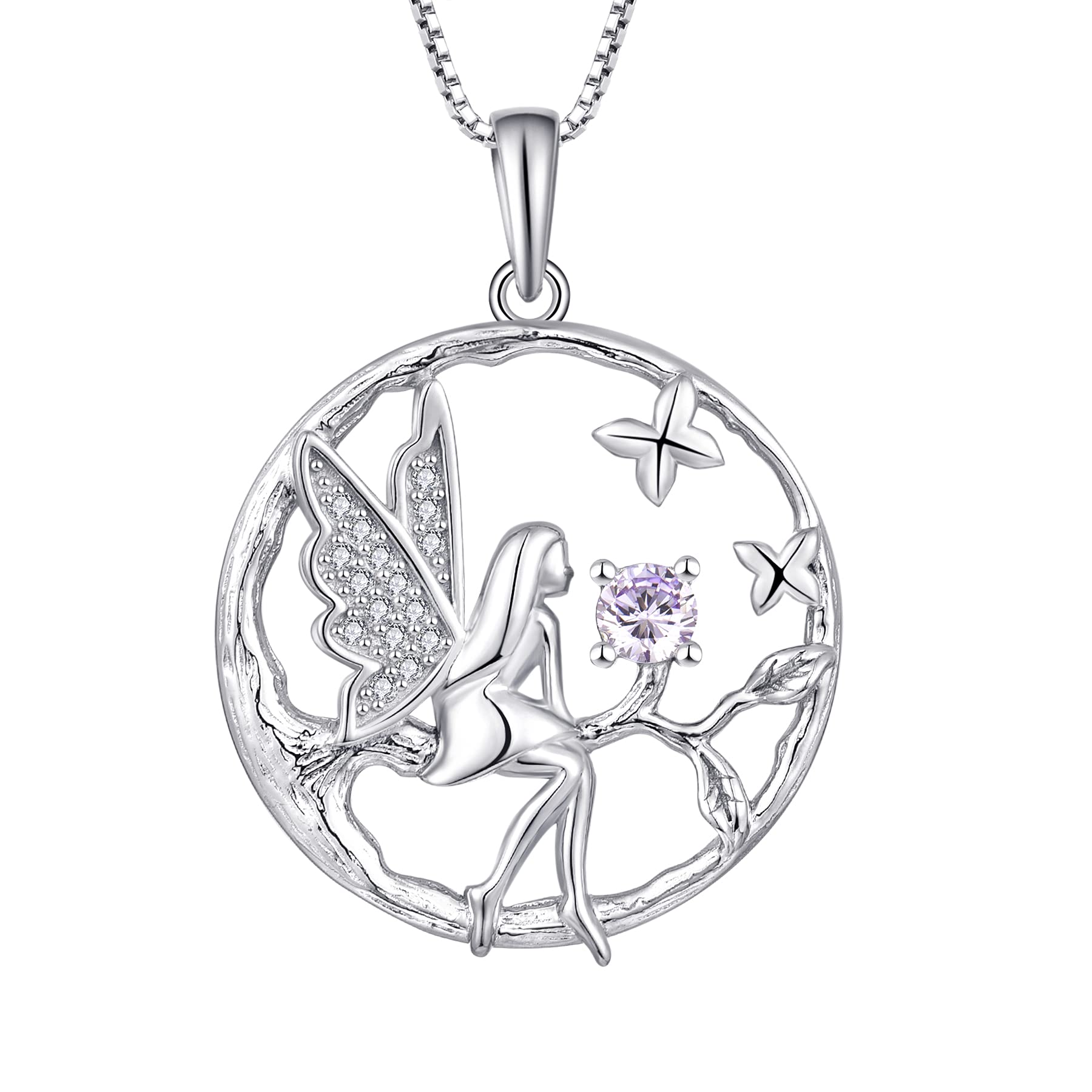 FJ Guardian Angel Necklace 925 Sterling Silver Tree of Life Pendant Fairy Necklace Alexandrite June Birthstone Jewellery for Women — image 1