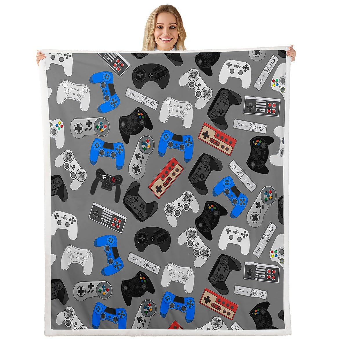 Gamepad Console Gamer Sherpa Blanket for Kids Boys - Video Game Throw Novelty Modern Controller Plush - Room Decor Fuzzy Single 50"x60"