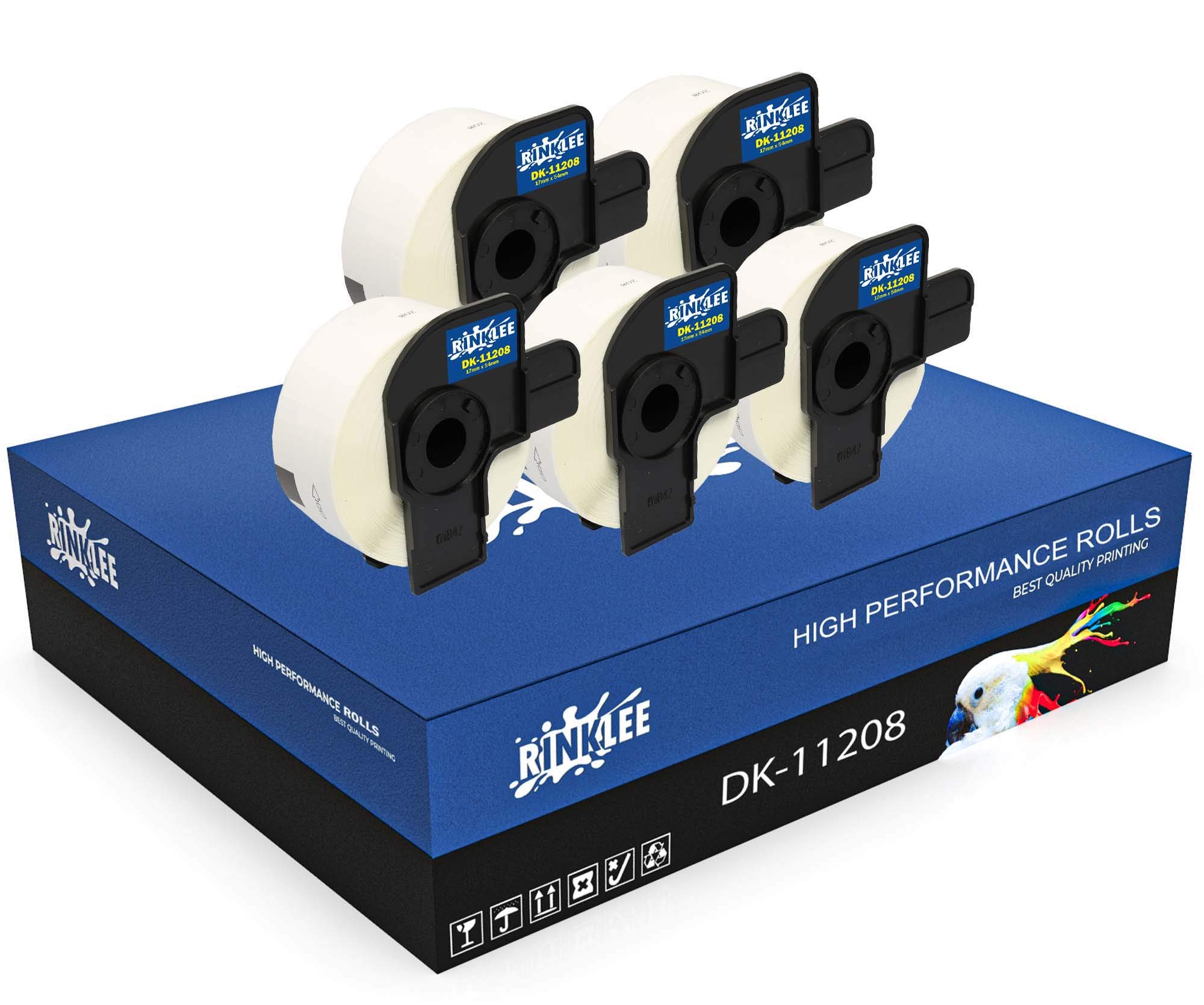 RINKLEE DK-11208 Label Rolls Compatible with QL-500 QL-550 QL-560 QL-570 QL-580 QL-700 QL-710W QL-720NW QL-800 QL-810W QL-820NWB QL-1060N QL-1100 QL-1110NWB | 38 x 90 mm | 5-Pack