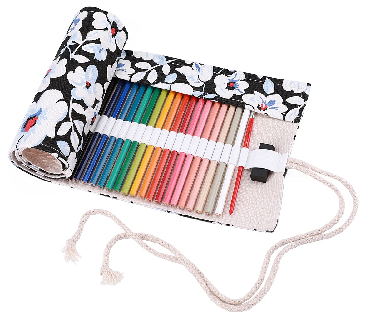Amoyie Hand Roll up Pencil Bag for 72 Coloring Pencils, Portable Organizer Bag for Art Pencil, Fabric Pencil Wrap (No Pencil), Blue Flower