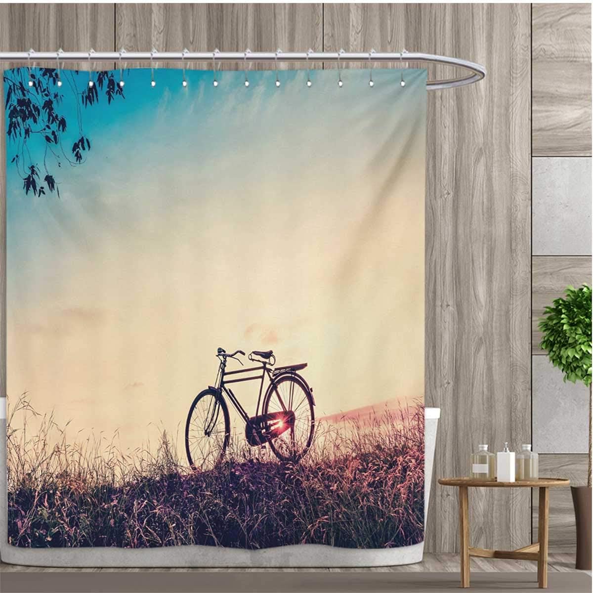 Smallfly Vintage Bike Bathroom Decor Set With Hooks Retro Filter Sunset And Bicycle In Pastel Tones Hipster Joyful Shower Curtains Fabric 72 X72 Peach Pale Blue Black Amazon Ca Home Kitchen