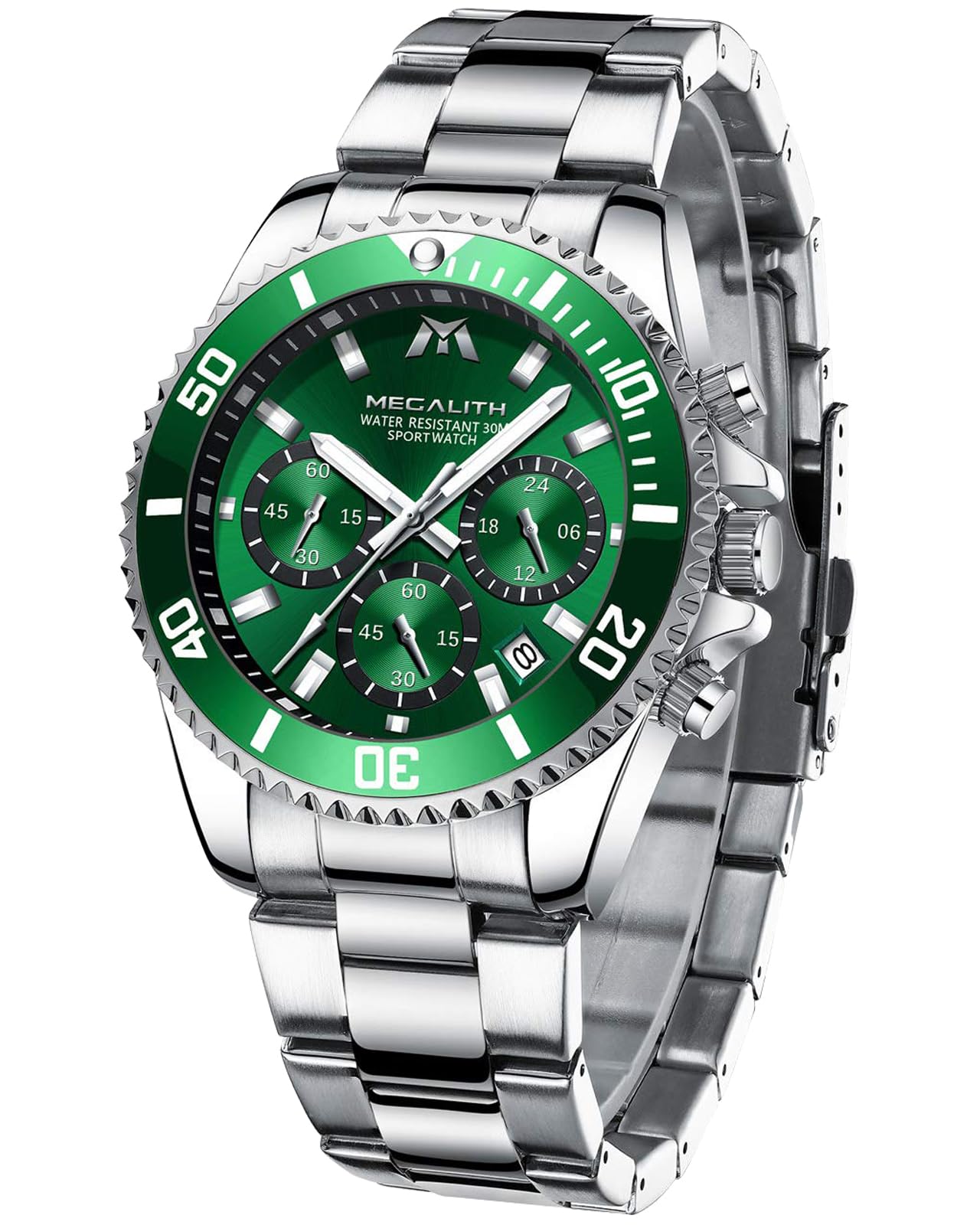 MEGALITH Mens Watches Designer Chronograph - Silver Stainless Steel Watches for Men Green Face Luminous Date Waterproof Mens Wrist Watch Dress Gifts for Men