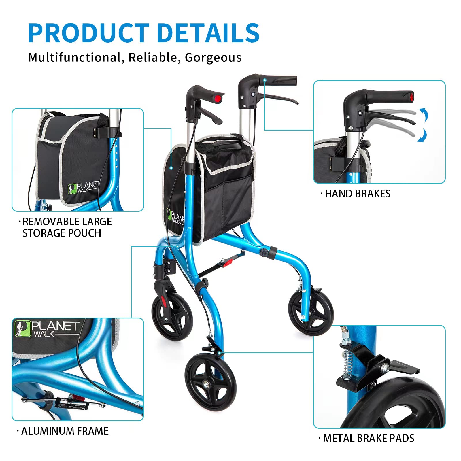 Planetwalk Premium 3 Wheel Rollator Walker for Seniors - Ultra Lightweight Foldable Walker for Elderly, Aluminum Three Wheel Mobility Aid, Brilliant Blue