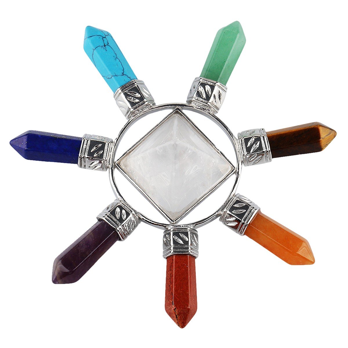 mookaitedecor Rock Quartz/Clear Quartz Healing Crystal Pyramid Energy with 7 Chakras Stone Points Wands Reiki Spiritual Decoration Figurine โ image 1