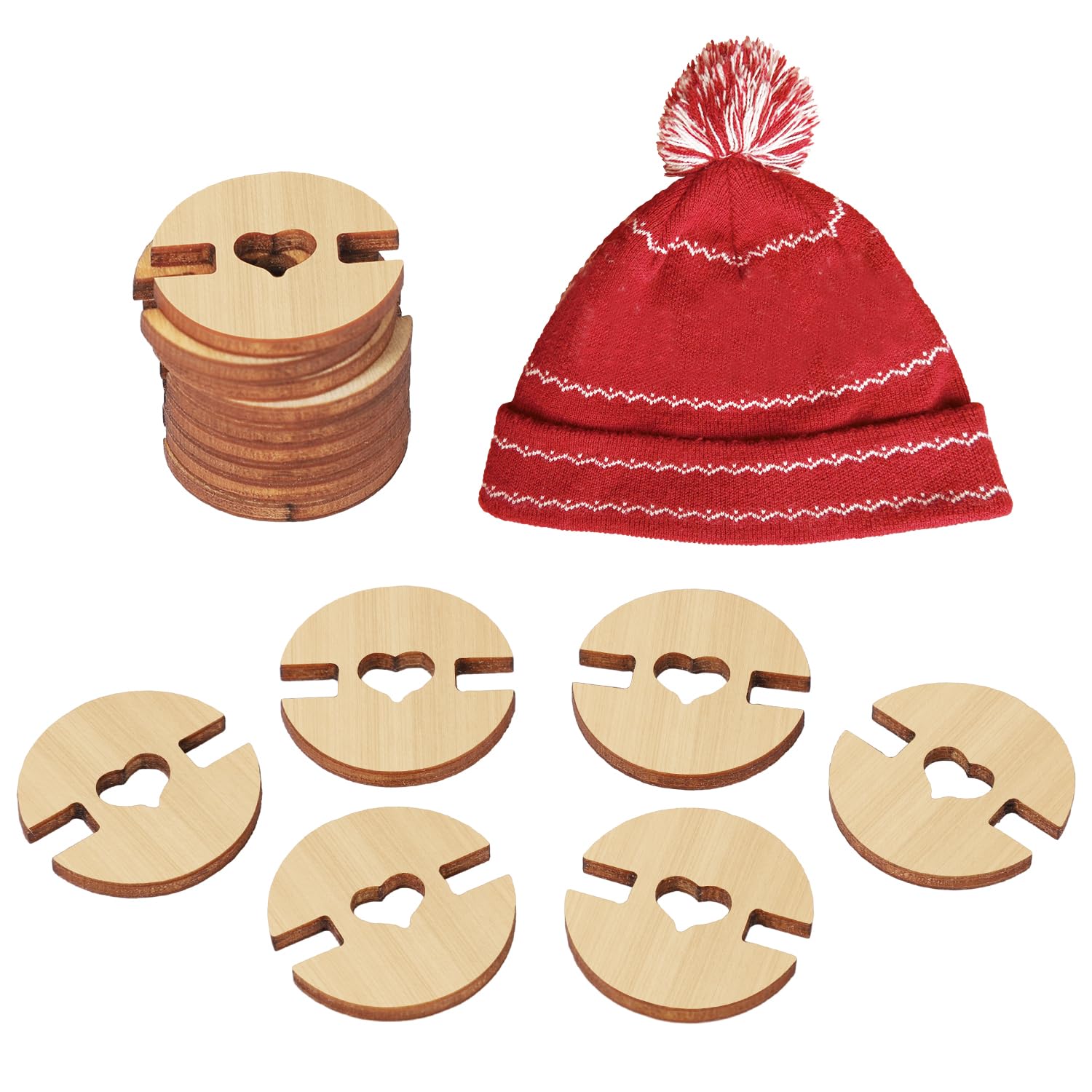 60pcs Pom Poms Buttons for Hats, Wooden Handmade Buttons Removable Love Button Crafts Faux Fur Pom Pom Fastener Holder Sewing Clothing Accessories for Beanies, Knitting, Crochet