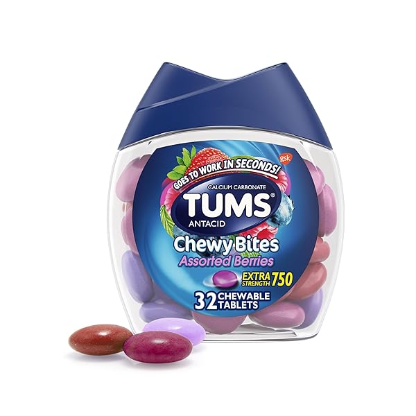 TUMS CHEWY BITES ANTACID TABLETS FOR CHEWABLE HEARTBURN & ACID INDIGESTION RELIEF, ASSORTED BERRIES, 32 COUNT