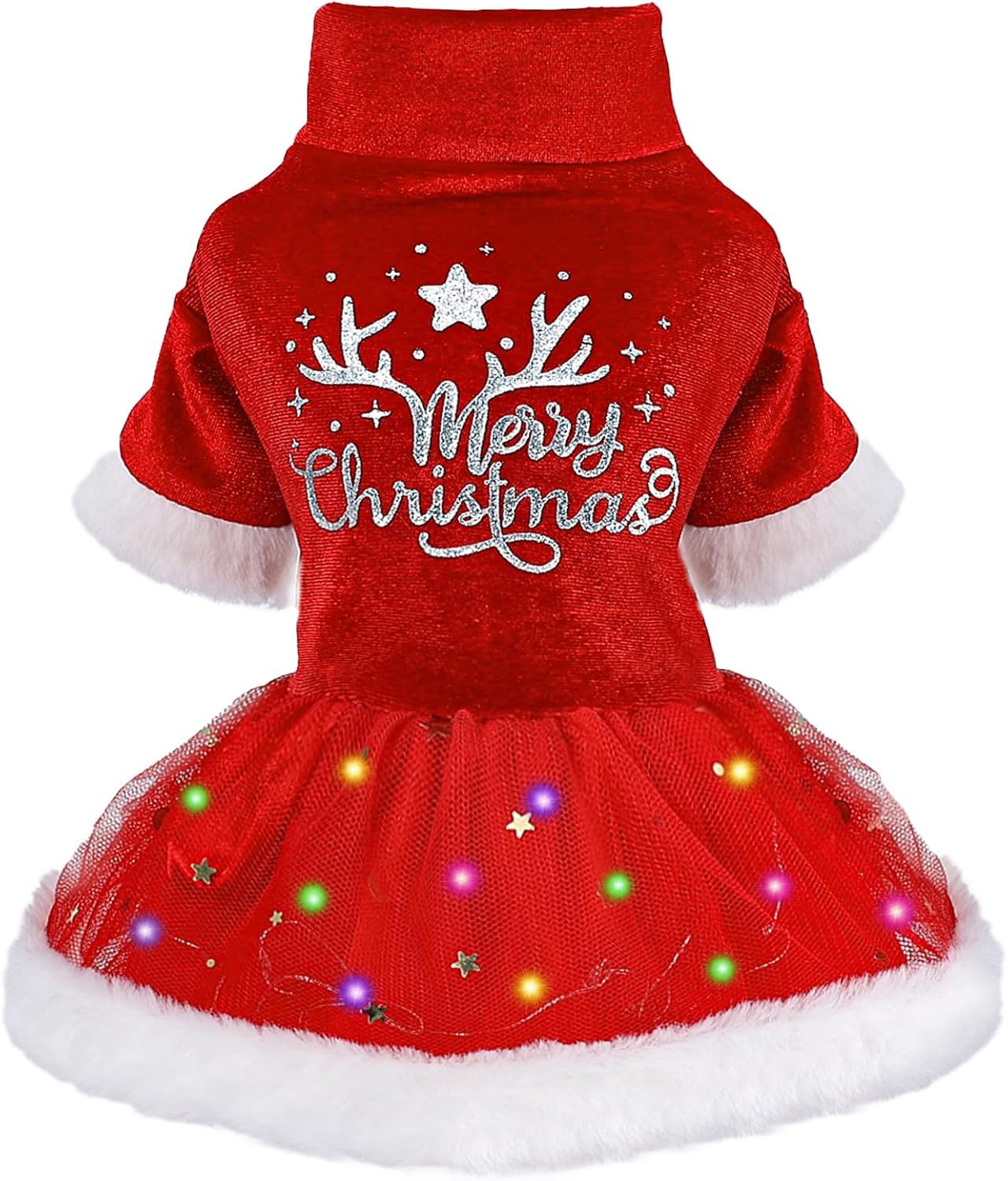 Photo 1 of Sebaoyu Dog Christmas Outfits Sweater Dress, LED Light Xmas Winter Clothes Sweater for Small Dogs Girl Costumes,Cat Clothing Pet Apparel (Medium)
