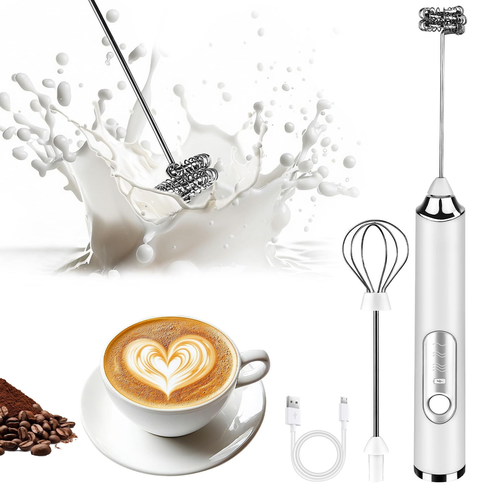 Milk Frother Handheld, Rechargeable Coffee Frother Wand with 2 Stainless Whisks 3 Speeds, Drink Mixer, Electric Foam Maker, Hand Mixer for Lattes, Cappuccino, Matcha, Egg, White