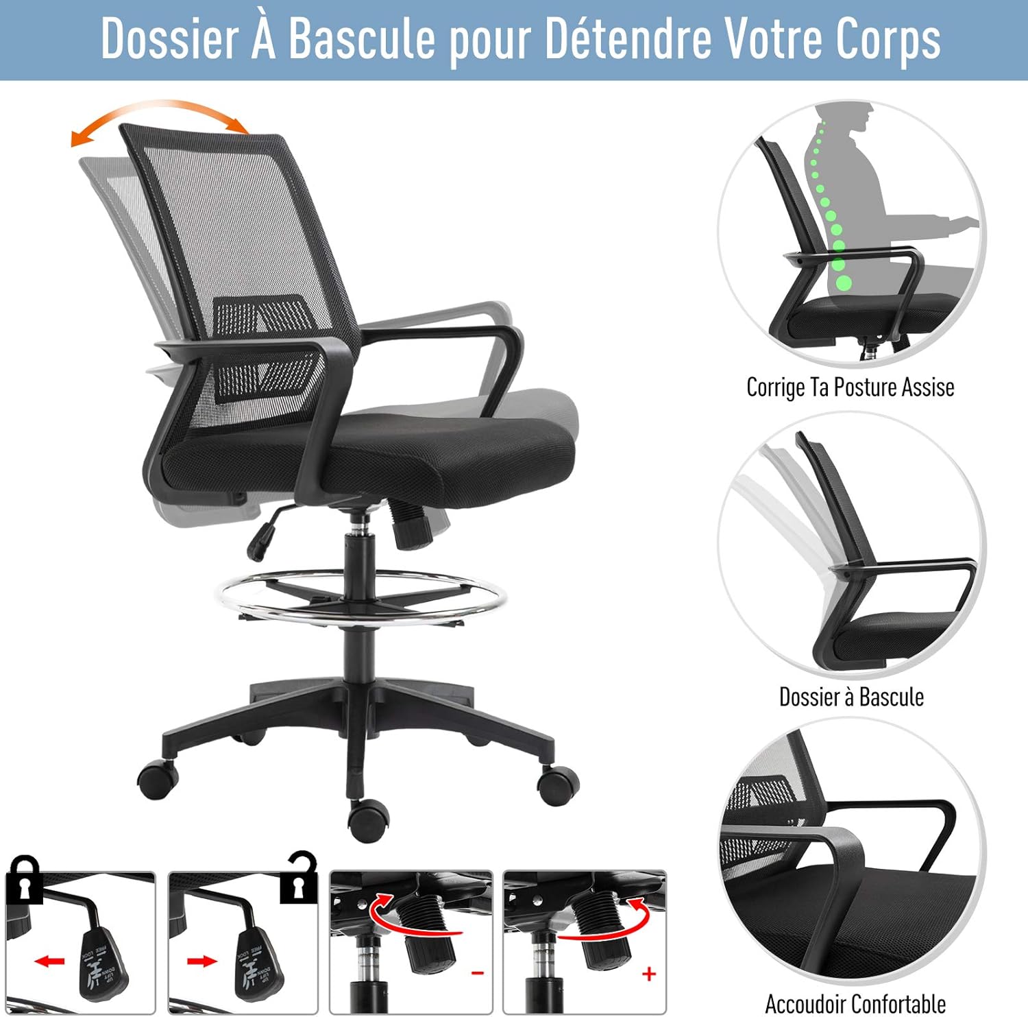 Fauteuil De Bureau Chaise De Bureau Assise Haute Reglable Dim 64l X 59l X 104 124h Cm Pivotant 360 Maille Respirante Noir Amazon Fr Fournitures De Bureau