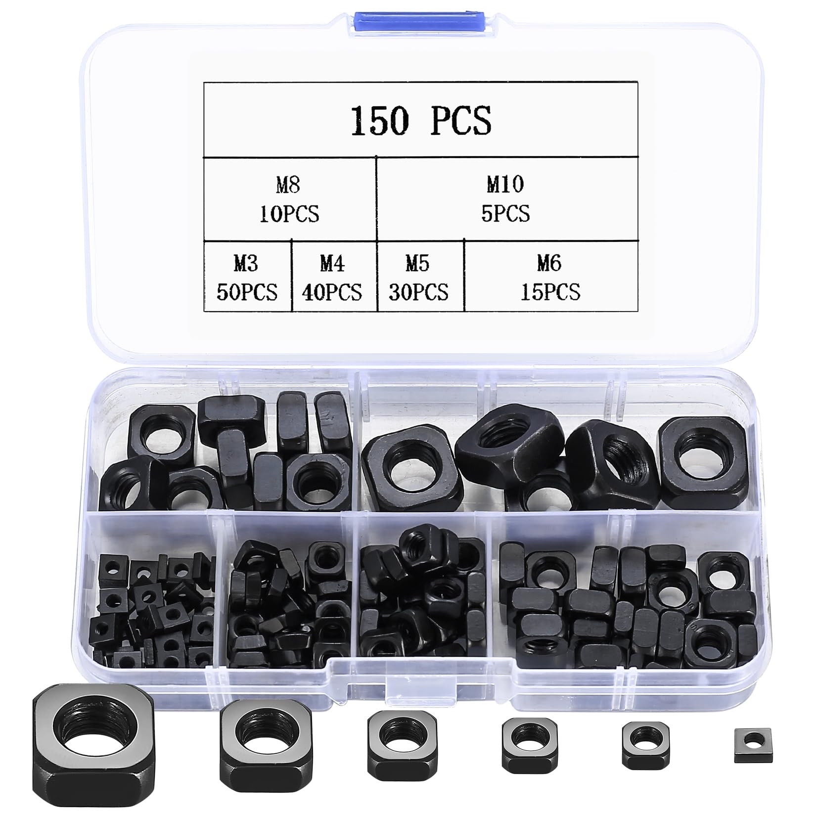 Square Nut, 150 Pieces Stainless Steel Square Nuts, Thread Nuts, M3 M4 M5 M6 M8 M10 Screw Nut Assortment Set for Wood Furniture (Black)
