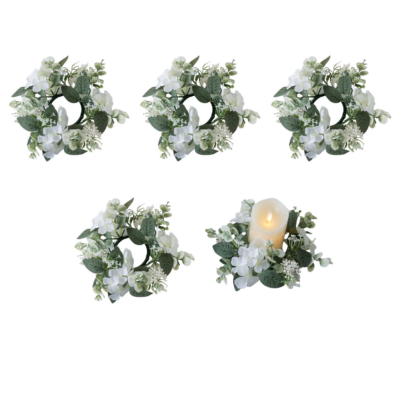 Huilimei 5 Pcs 25 cm Candle Rings Wreaths,Artificial Hydrangea Wreath Candles Wreaths for Pillars Christmas Wedding Home Table Party Decoration (White)