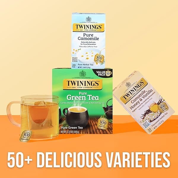 TWININGS PURE CAMOMILE HERBAL TEA INDIVIDUALLY WRAPPED BAGS, CALMING & DELICATE, 20 COUNT (PACK OF 6), NATURALLY CAFFEINE-FREE, ENJOY HOT OR ICED, 120 TEABAGS