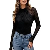 BemorRun Floral Mesh Top for Women Mock Neck Long Sleeve Floral Shirts Double Layered Going Out Tops Fall Outfits