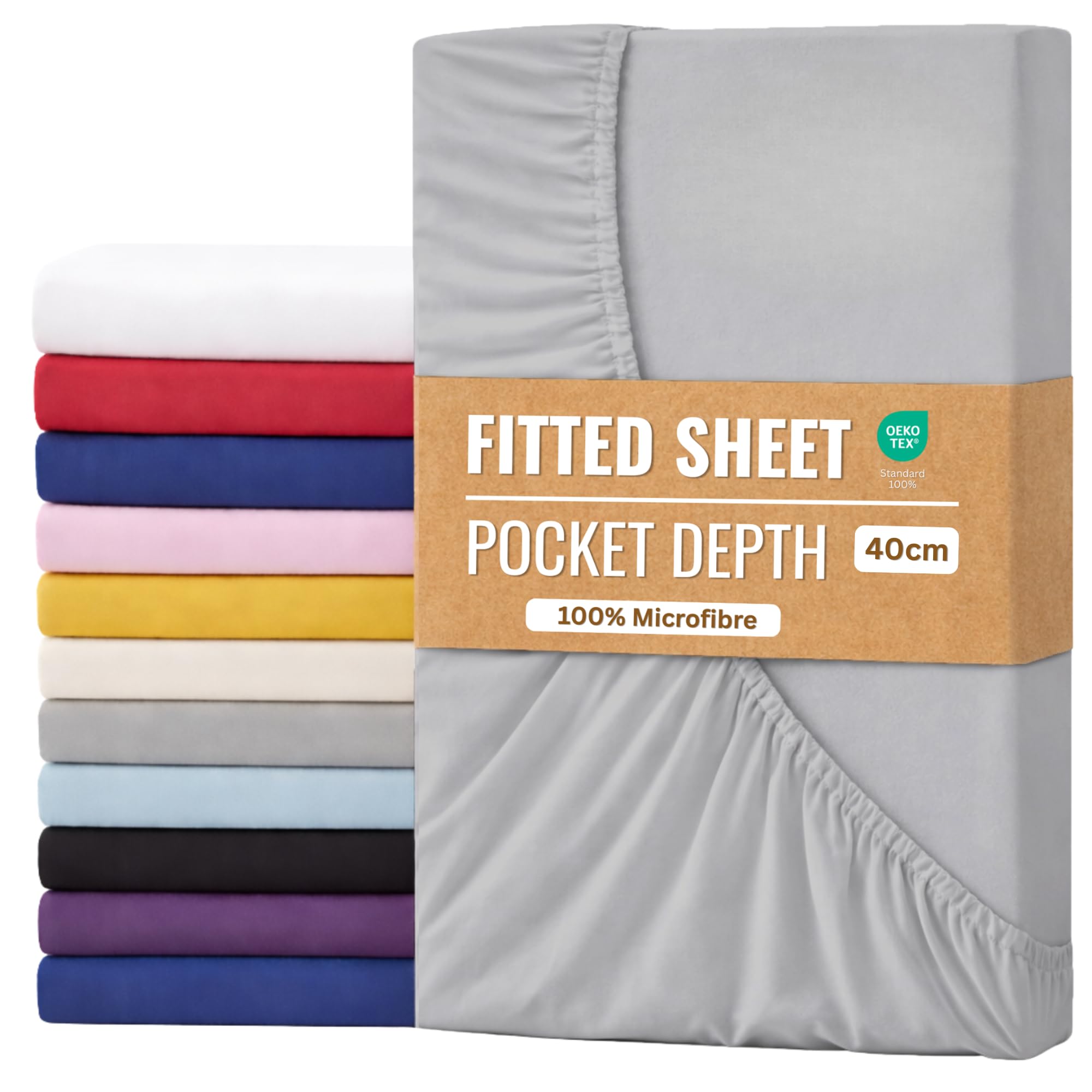 Fitted Sheet 40cm with Extra Deep Pockets - OEKO-TEX Certified Bed Sheet Super King Size 180X200CM | Hotel Quality & Wrinkle Resistant | Brushed Microfibre Fitted Sheets (Gray, Super King 40CM)