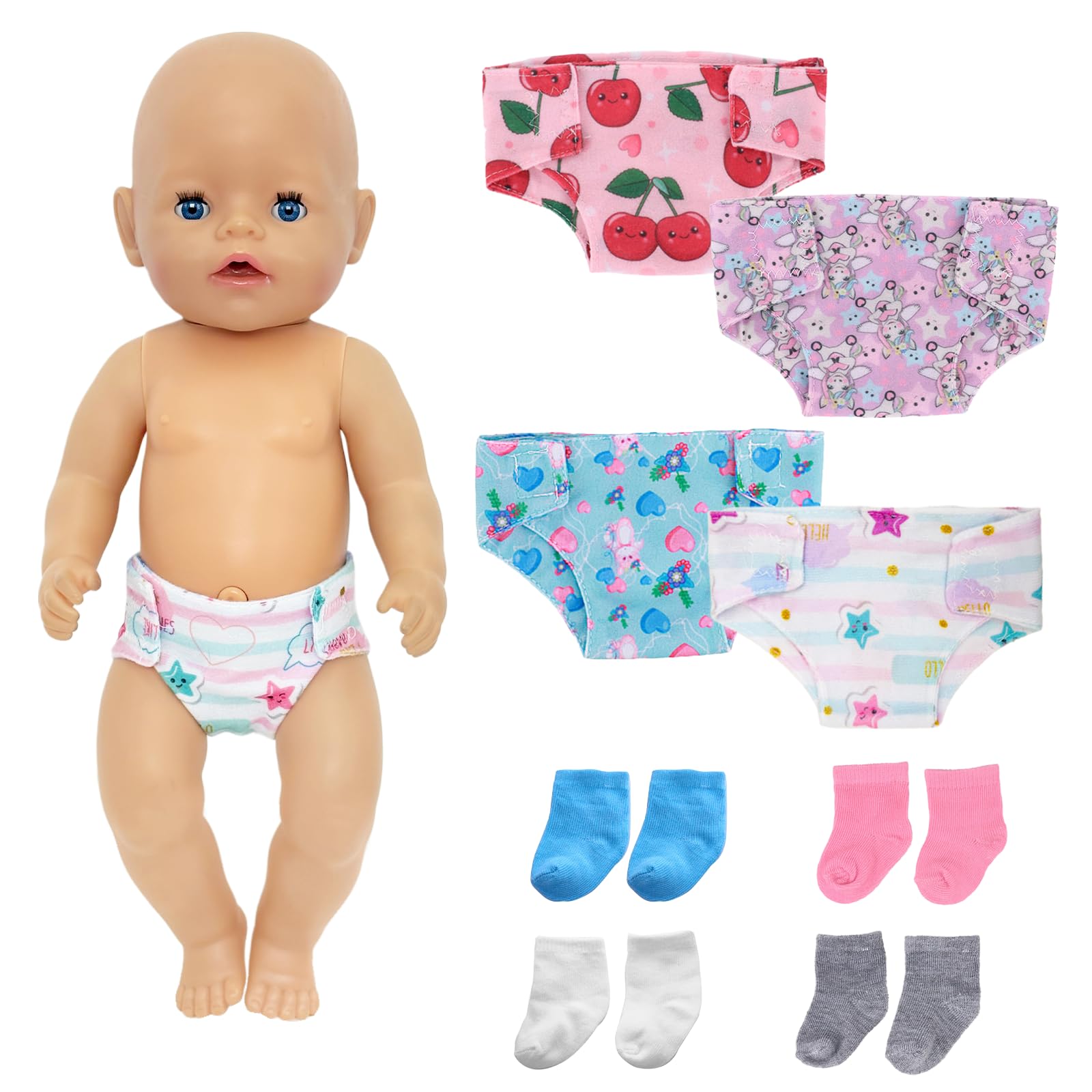 8-Pcs Baby Doll Nappies Doll Socks Set for 30–45cm Dolls, 4 Adjustable Reusable Baby Doll Nappies 4 Pairs of Doll Socks, Cherry Star Patterns, Baby Doll Accessories Set, Gift to Girls