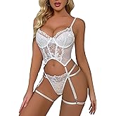 WDIRARA Women's 3 Piece Floral Lace Underwire Garter Lingerie Bra and Thong Set