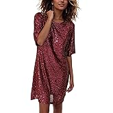 R.Vivimos Women's Loose Party Sparkly Sequin Dress Short Sleeve Back Button Crew Neck Glitter Mini Shift Dress Clubwear