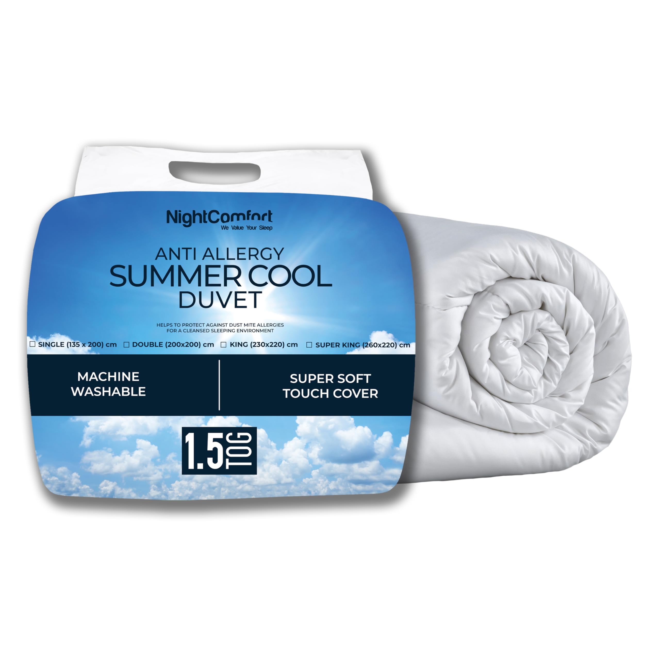 Night Comfort Summer Cool 1.5 Tog Anti-Allergy King Duvet - Breathable Premium Microfibre Cover with Lightweight Hypoallergenic Hollowfibre Filling Bedding Quilt - (230cmx220cm, White)
