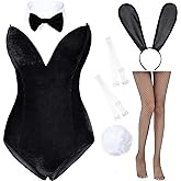 Anime Womens Bunny Girl Costume One Piece Bodysuit Halloween Cosplay Catsuit Bunny Headband Stockings Set