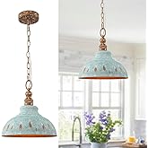 Zyzwmb Kitchen Island Pendant Light, 11.3” Golden Pendant Lighting, Teal Farmhouse Pendant Light Fixture for Dining Room, Bar