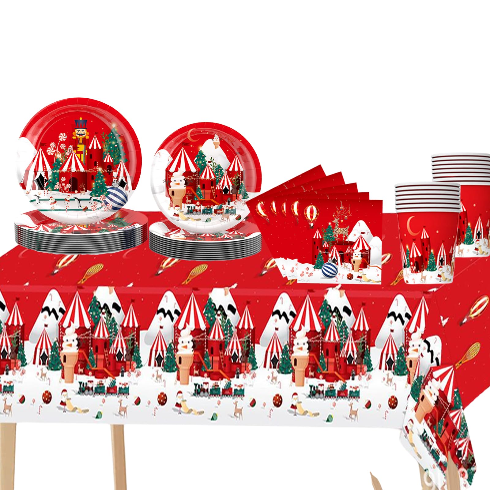 69Pcs Christmas Tableware Set - Plastic Table Cloth, Paper Plates, Napkins, Cups for Xmas Party Decorations, Nutcracker Ice Cream Dinnerware Set