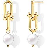 C.SEIZE Gold Pearl Paperclip Earrings for Women, Trendy 14K Gold Plated Flat Back Drop Earrings, 925 Sterling Silver Pearl Chain Dangle Earrings Wedding Daily Jewelry Birthday Gifts for Women