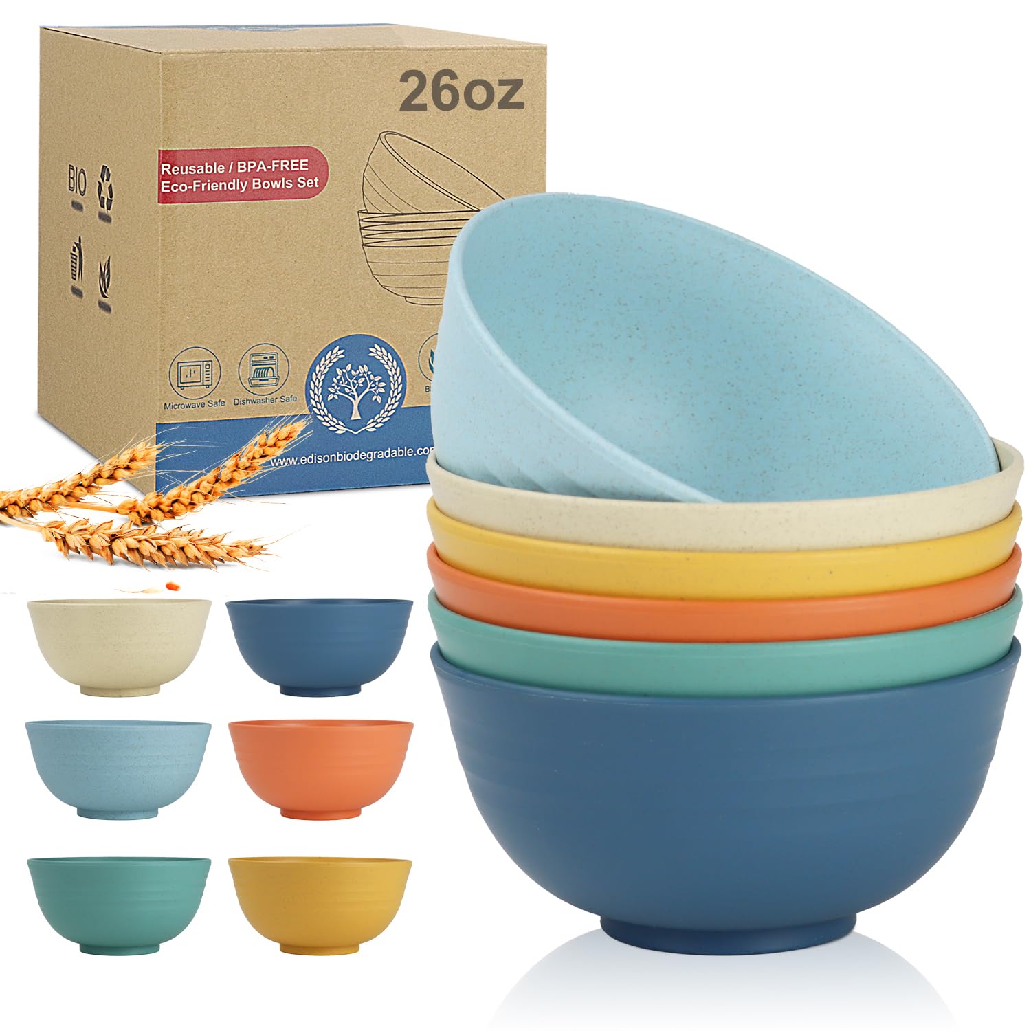Photo 1 of 26 oz Wheat Straw Bowls,Unbreakable Cereal Bowls Set of 6,Microwave & Dishwasher Safe Salad Bowls for kitchen, Kitchen Bowl Sets for Soup,Salad,Fruit,Snack and Oatmeal-Multi Color