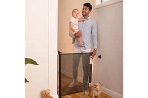 Retractable Baby Gate Perma Child Safety 33" Tall x 55” Wide, Mesh, for Stairs, Doorways, Dogs, Pets, Indoor, Outdoor, One-Handed Operation, Locking, Easy Install, Hardware Mount, Black
