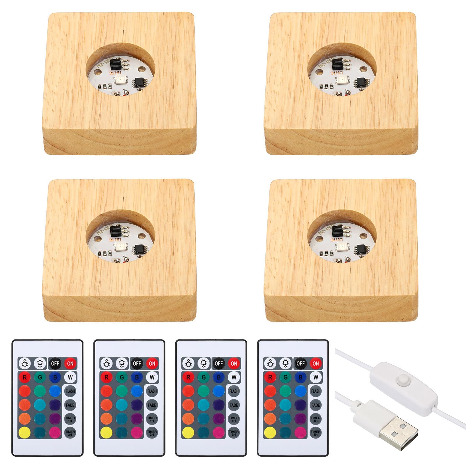 PATIKIL 4 Pcs Wooden Light Stand Base 2.8", 16 Colors LED Lights Display Base 1.5Meter Line Length with Remote Control for Acrylic Night Light 3D Crystal Glass Resin Art, Square