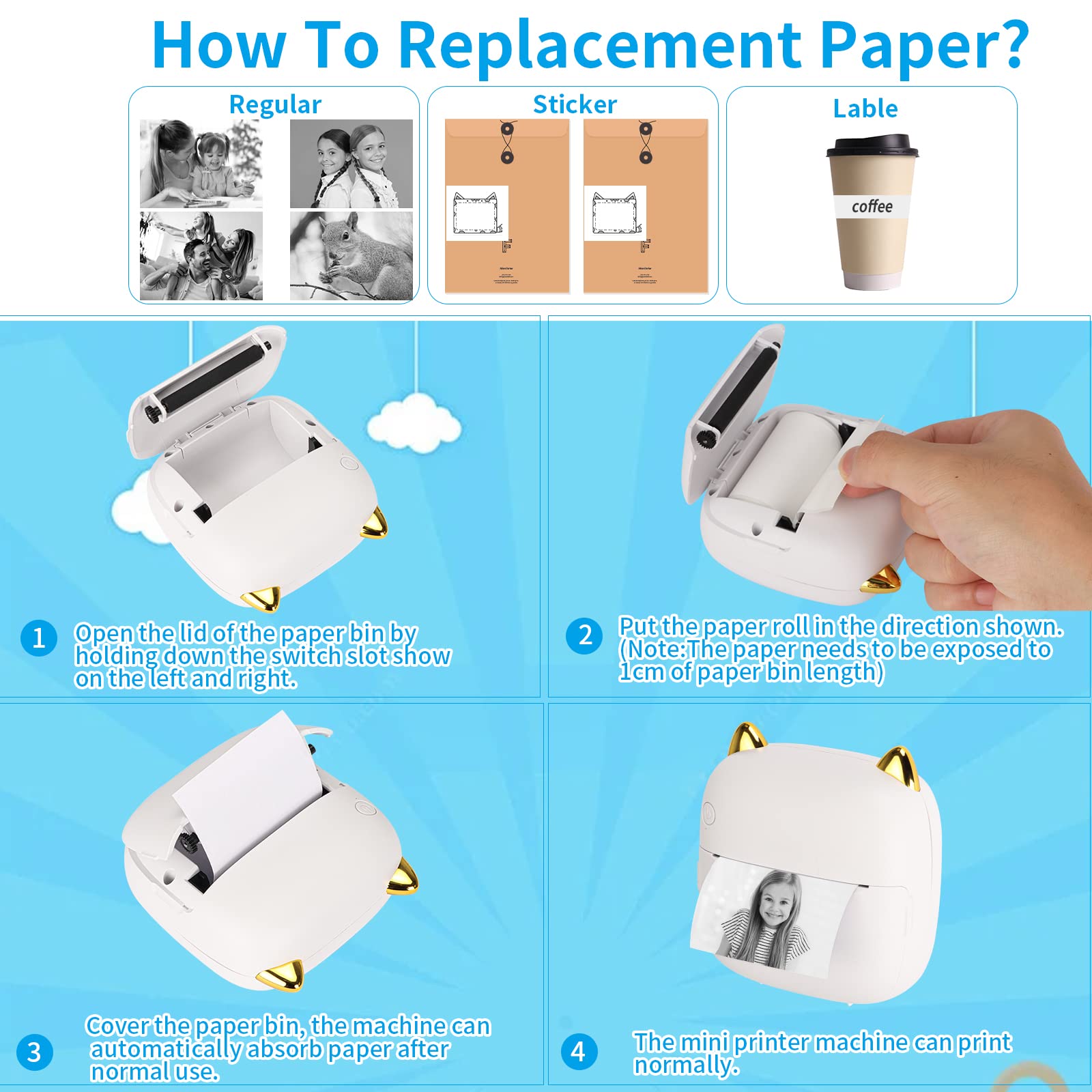 HuiJuKeJi Mini Sticker Printer Pocket Inkless Thermal Printer with RGB Light for iOS&Android, 10 Rolls Thermal Paper and Sticker, Bluetooth Smart Portable Receipt Printer for Photo Journal Notes Memo