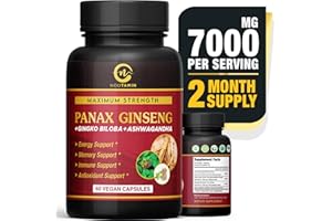 Nootamin Naturals Authentic Korean Red Panax Ginseng 7000mg + Ginkgo Biloba + Ashwagandha for Energy, Strength, Focus, Memory for Men and Women 60 Vegan Capsules