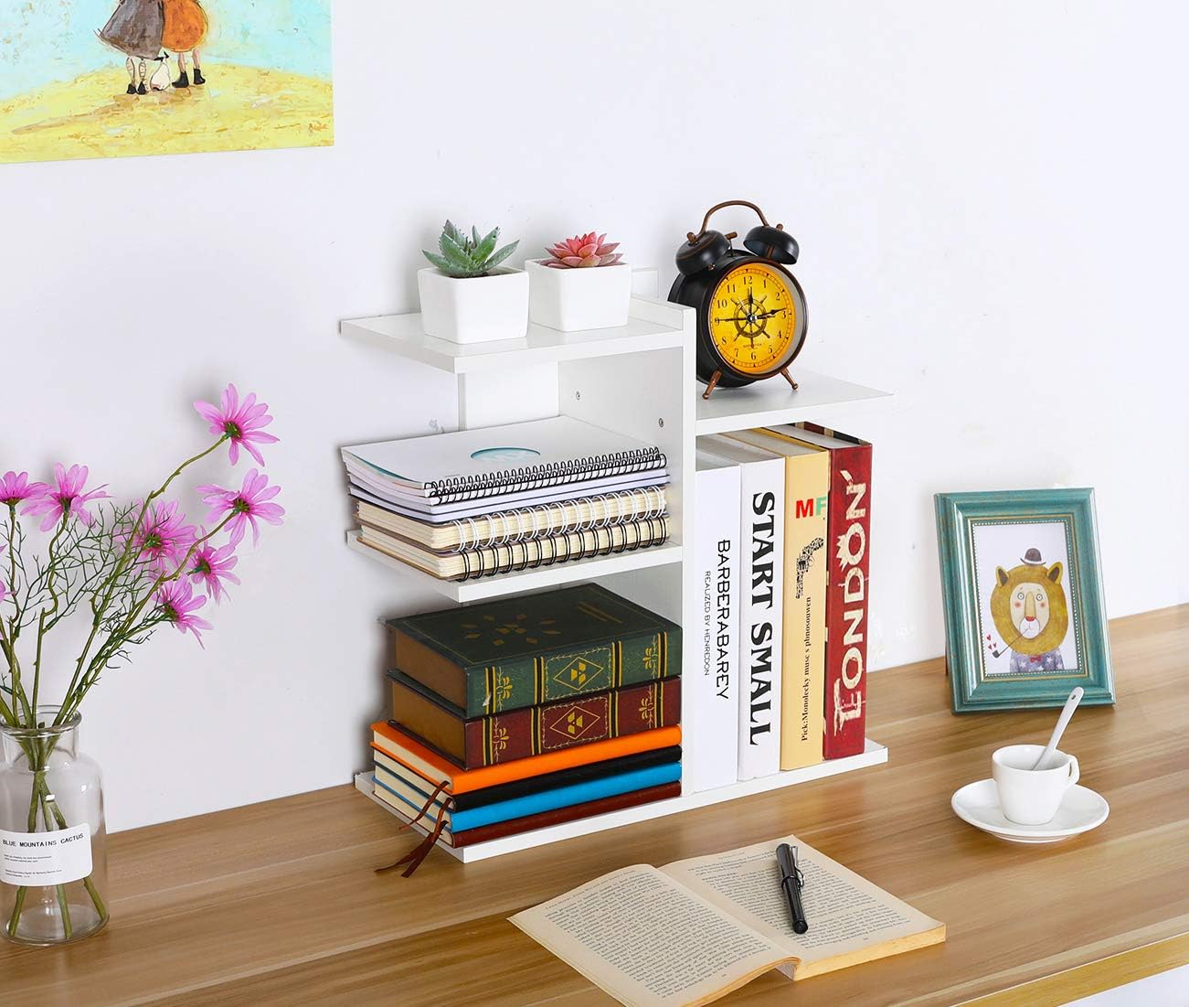 PAG Wood Desktop Shelf Small Bookshelf Assembled Countertop Bookcase Literature Holder Accessories Display Rack Office Supplies Desk Organizer, White: Furniture & Decor