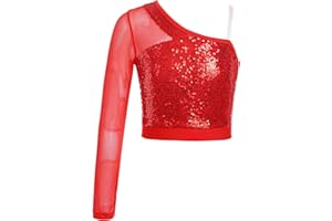 JEATHA Kids Girls One Shoulder Long Sleeve Sequins Crop Top Athletic Shirts Jazz Hip-hop Dance Costume