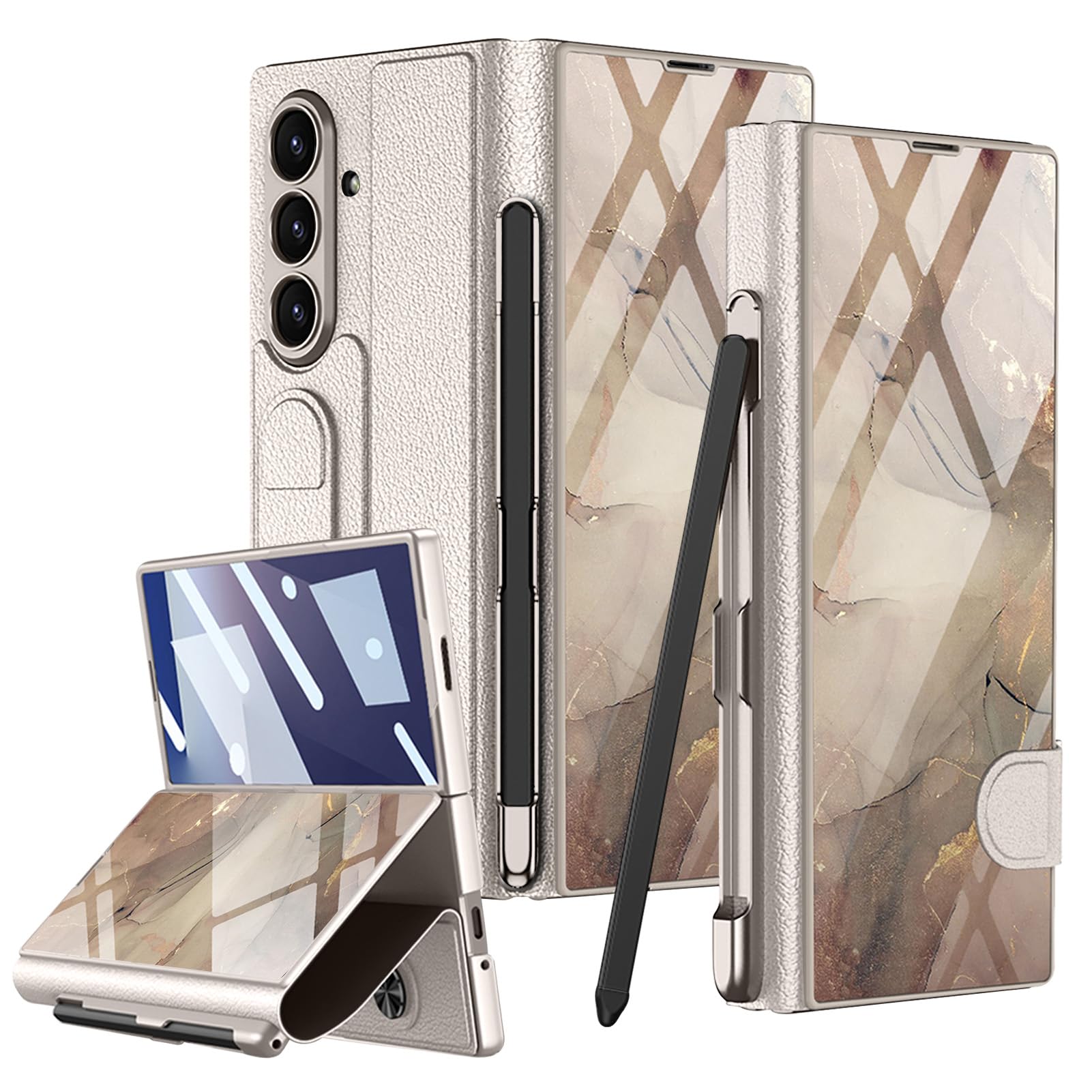 Photo 1 of PUROOM for Samsung Galaxy Z Fold 7 Case with Pen & Pen Slot Colorful Plating Glass Hybrid Leather Full Screen Protector All-Inclusive Cover for Samsung Galaxy Z Fold 7 (Champagne Gold)