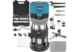 TWOWIN Router Tool, 6.5 Amp 1.25 HP Hand held Wood Router Tool, Compact Palm Trim Router for Woodworking, 6 Variable Speeds Fixed Base Laminate Router Woodworking Tool with Dust Hood 15PCS Router Bits