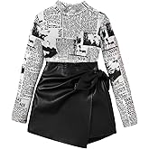 SHENHE Girl's Graphic Long Sleeve Mock Neck Tee and PU Leather Wrap Skort Shorts 2 Piece Set