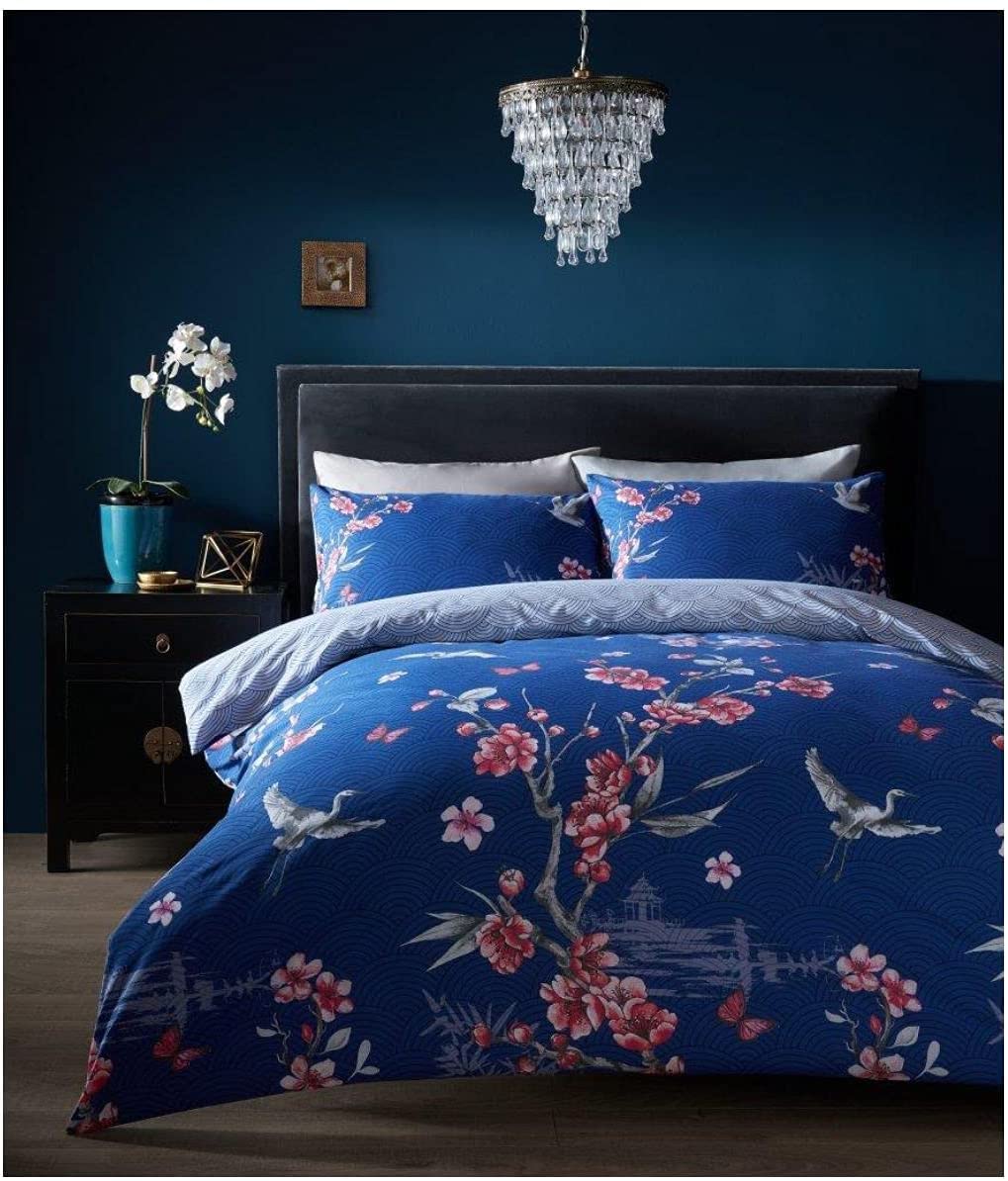 GC GAVENO CAVAILIA Floral Bedding Set Double, Light Weight Duvet Cover Set, Easy Care Polycotton Reversible Blossom Quilt Cover Bed Cover With Pillow Cases, Navy