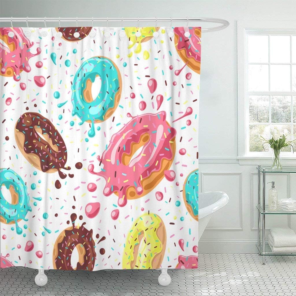 Abaysto Colorful Donuts with Pink Chocolate Lemon Blue Mint Glaze Falling On White Splashes of Colored and Sprinkles Polyester Fabric Shower Curtain Sets with Hooks Waterproof Mildew Bathroom Decor
