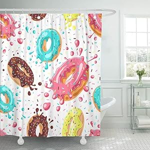 Abaysto Colorful Donuts with Pink Chocolate Lemon Blue Mint Glaze Falling On White Splashes of Colored and Sprinkles Polyester Fabric Shower Curtain Sets with Hooks Waterproof Mildew Bathroom Decor