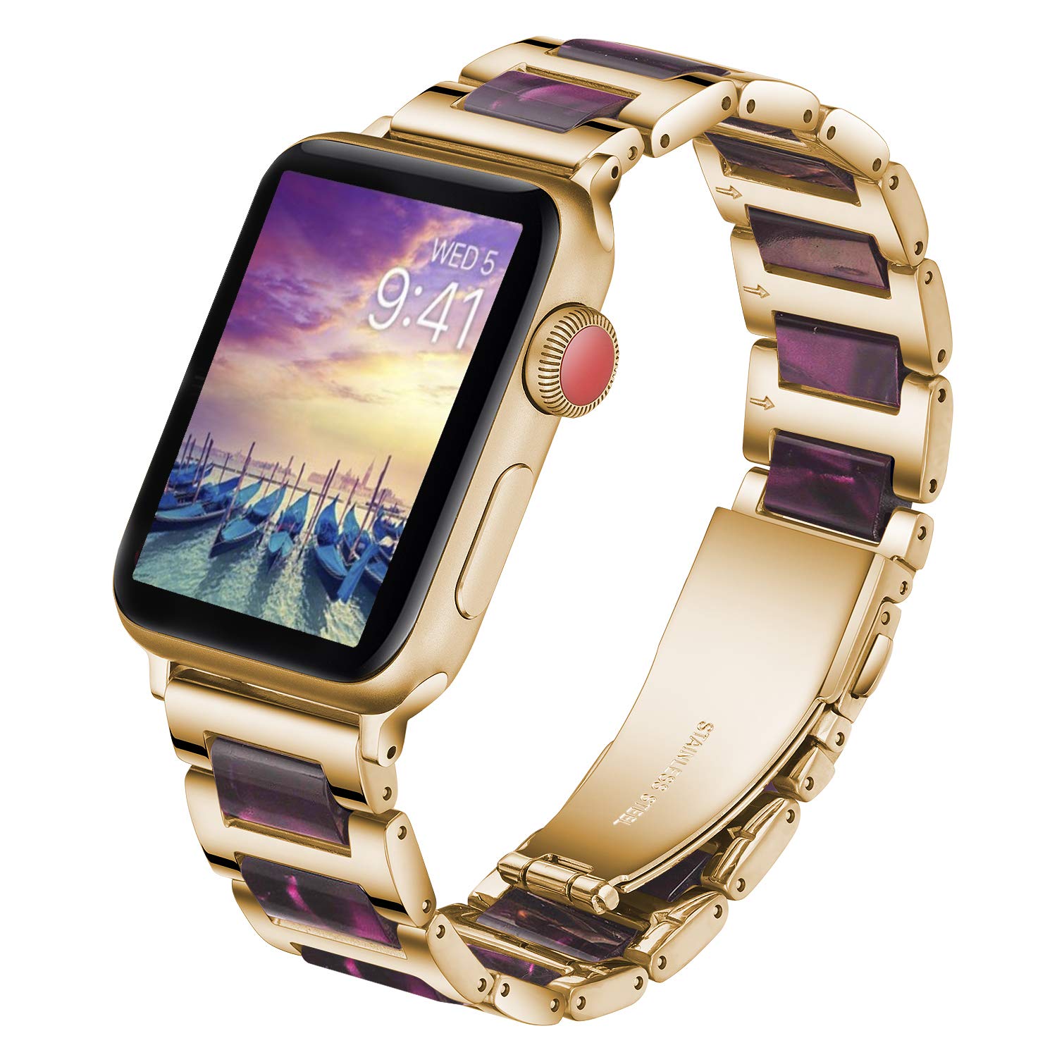 Caunedy Compatible with Apple Watch Strap 38MM/40MM/42MM/44MM,Solid Stainless Steel Metal Wristband Replacement for Series 5/4/3/2/1,Colourful Resin Bracelet Strap (38/40mm, Gold&Bright Purple) — image 1