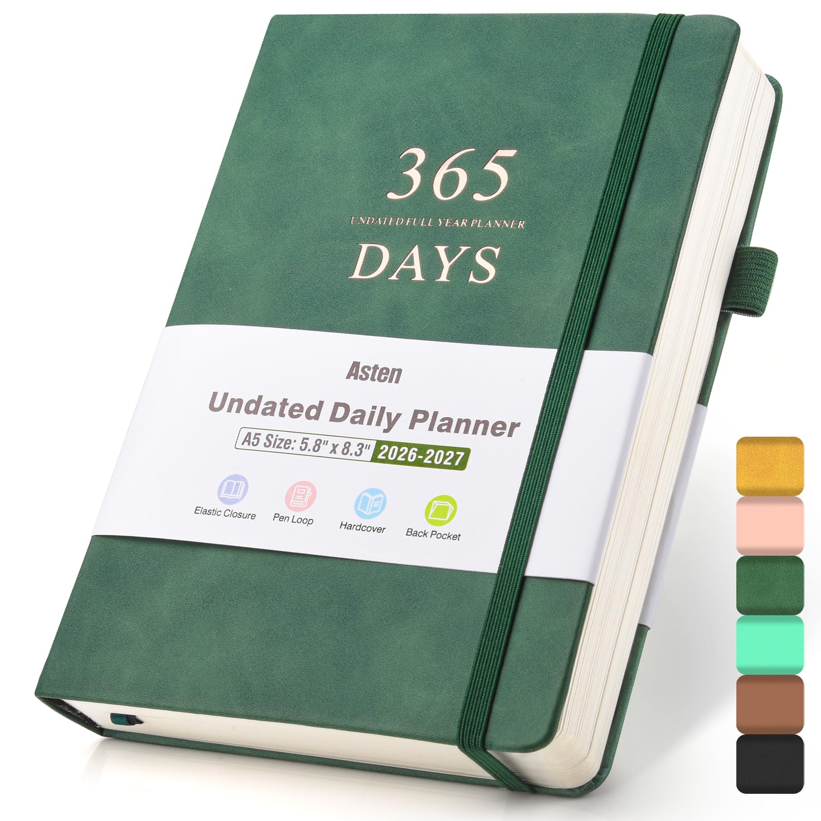 Asten Planner, Undated Daily Planner with To Do List, 365 Days Planner for ADHD Adult, Agenda, Hourly Planner Notebook for Goal Setting, Productivity Planner with Calendar, 8.3'' x 5.8'' (Green), A5