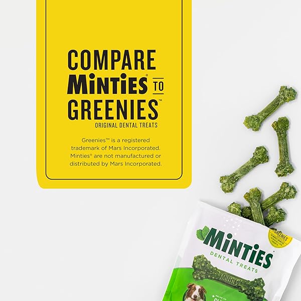 MINTIES DOG DENTAL BONE TREATS, DENTAL CHEWS FOR DOGS 25-50 LBS, 60 COUNT, BRUSHING CHEWS HELPS CLEAN TEETH AND FRESHEN BAD BREATH, REMOVES PLAQUE AND TARTAR, VETERINARIAN RECOMMENDED