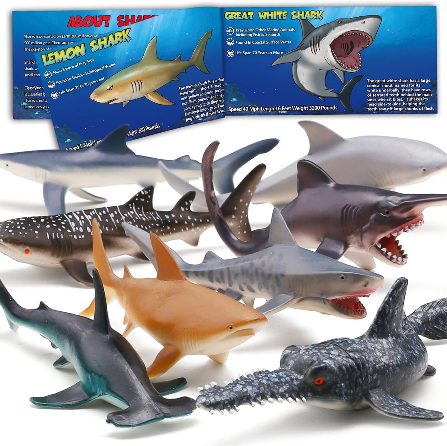 8 Pack Shark Toys with Educational Booklet, Soft Plastic Realistic Shark Figure Set for Kid, Ocean Sea Animal Party Favor, Pool Bath Tub Toy for Toddler Child Boy Girl, Birthday Gift